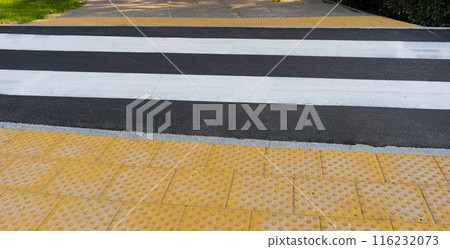 Paved Pedestrian Crossing, Grey White Crosswalk, Safety Zebra on Modern Tiles Pathway 116232073