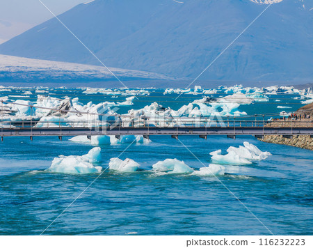 A stunning view of a metal bridge spanning a glacial lagoon in Iceland. People walk along the distant shore, with brilliant blue water and stark white icebergs. 116232223