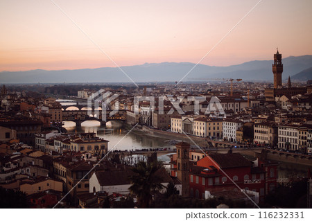 View of Florence. Italy. Stunning panorama of Florence at sunrise. City landscape at dawn. 116232331