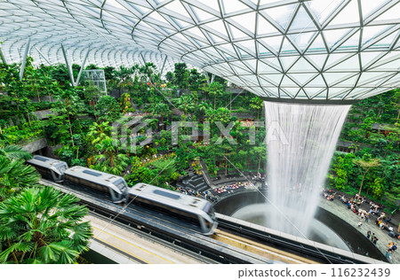 Singapore Changi International Airport Jewel's artificial waterfall and the airport monorail 116232439