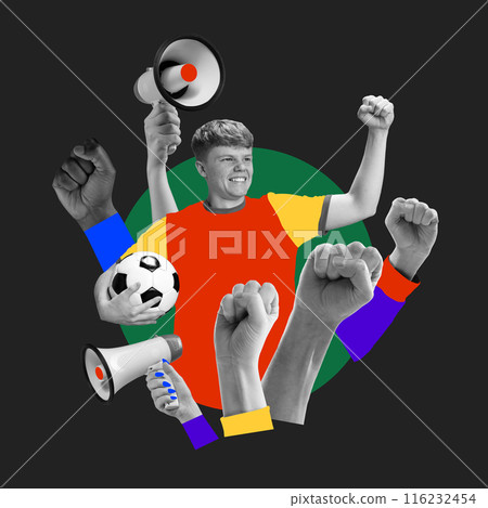 Joyful fan, man holding soccer ball and megaphone, raised fists in vibrant colors, against dark background, symbolizing unity and excitement. Contemporary art collage. 116232454