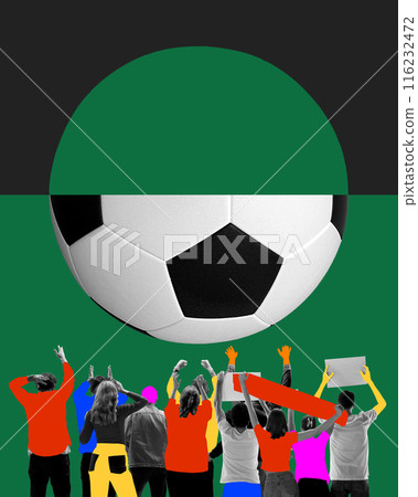 Sport match. Back view of football, soccer fans cheering their team with colorful scarfs, abstract soccer ball element, Contemporary art collage. 116232472