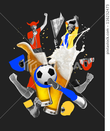 Energetic fans in colorful outfits cheer with beer splashes, soccer balls, and loud megaphones, surrounded by fists and abstract elements on dark background. Contemporary art collage. 116232473