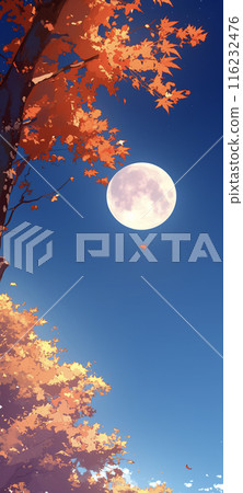 Full moon and autumn leaves AI image 116232476
