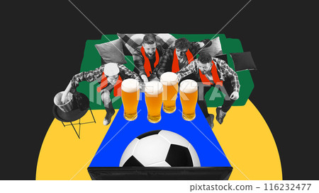 Emotive men, sport fans sitting on couch and emotionally watching football match translation against abstract colorful background with soccer ball. Contemporary art collage. Emotive men, sport fans sitting on couch and emotionally watching football match translation against abstract colorful background with soccer ball. Contemporary art collage. 116232477