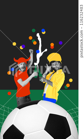 Two emotional men, fans, in hats a toast with beer bottles, surrounded by colorful abstract elements and giant soccer ball in the foreground. Contemporary art collage. 116232483