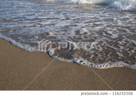 Gentle waves washing up on a sandy beach, creating a serene and peaceful shoreline scene Gentle waves washing up on a sandy beach, creating a serene and peaceful shoreline scene 116232508