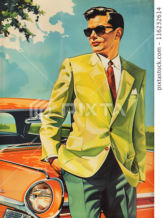 Retro 1960's pin up vintage style postcard of cool young man in green suit with a new red car behind him Retro 1960's pin up vintage style postcard of cool young man in green suit with a new red car behind him 116232614
