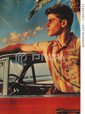 Retro 1960's pin up vintage style postcard of cool young man, with a directed gaze in beach style shirt and red car behind him 116232615