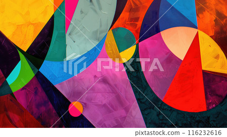Colorful abstract geometric shapes of different types and colors, on multiple layers. Complex composition in vibrant colors Colorful abstract geometric shapes of different types and colors, on multiple layers. Complex composition in vibrant colors 116232616