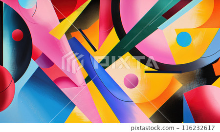 Abstract with various shapes, geometric shapes, with reflections, mostly round, different layers and vibrant colors 116232617