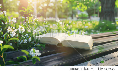 Open book mockup on a park wooden bench with green trees, flowers and plants around under the sun 116232630