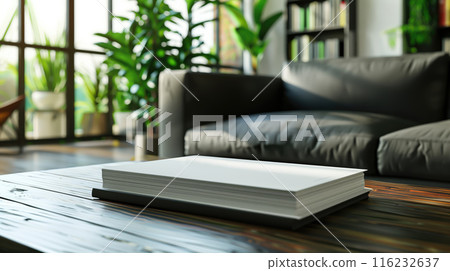 Catalog book mockup on dark wooden coffee table in modern design room with black sofa and many plants at the background 116232637