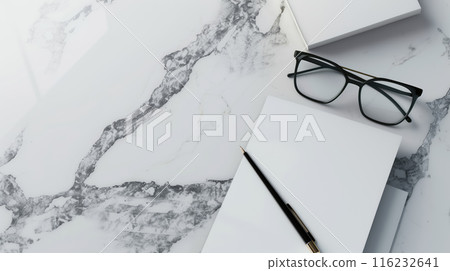 White list brochure mockup on notebook with clear papers on black white marble surface with a pen and glasses on it 116232641
