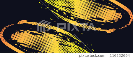 Abstract Sports Background with Orange and Green Gradient Brushstrokes and Halftone Effect. Vibrant Grunge Background 116232694
