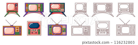 Retro TV set in pop cartoon style. Line art vintage pink collection with screen for coloring book design. Vector illustration isolated on a white background. 116232803