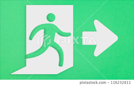 A green sign with an arrow pointing right towards the exit A green sign with an arrow pointing right towards the exit 116232811