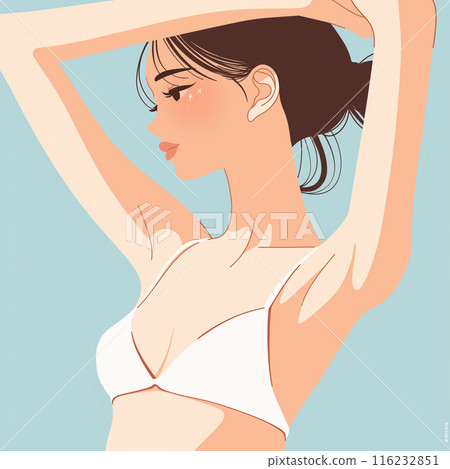 A beautiful woman in a swimsuit bathed in summer sunlight 116232851