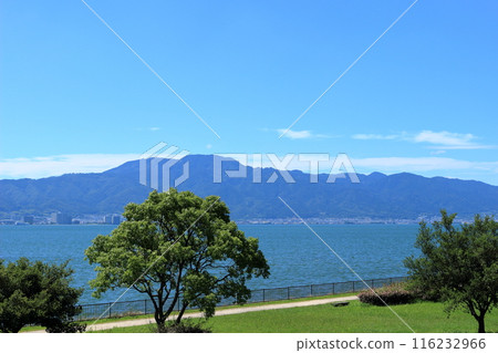 琵琶湖畔的綠意和對岸的比叡山的景色 116232966