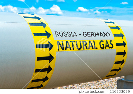 Natural gas pipeline showing the direction of gas flow from Russia to Germany. Cconcept of gas export from Russia to Europe Natural gas pipeline showing the direction of gas flow from Russia to Germany. Cconcept of gas export from Russia to Europe 116233059