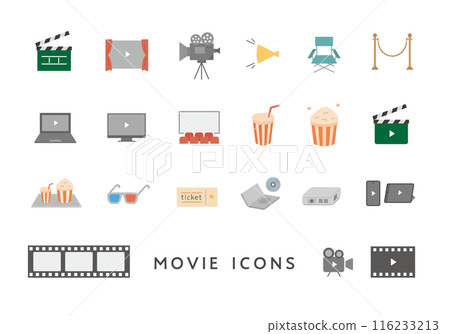 與電影和電影院相關的圖標集（平面） 116233213