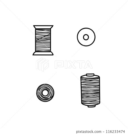Set of sewing threads spools top and side view. Hand drawn Vector illustration of Skeins for Sewing. Spools for seamstress in doodle style, isolated on white background. Set of sewing threads spools top and side view. Hand drawn Vector illustration of Skeins for Sewing. Spools for seamstress in doodle style, isolated on white background. 116233474
