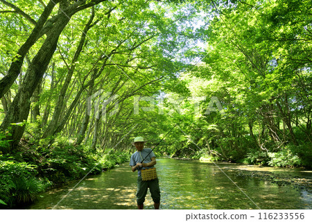 Senior man enjoying mountain stream fishing Senior man enjoying mountain stream fishing 116233556
