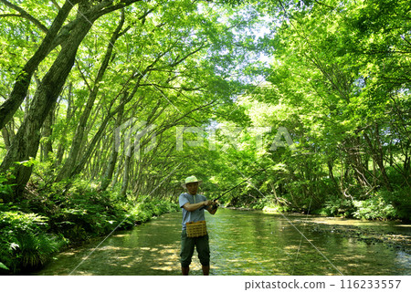 Senior man enjoying mountain stream fishing Senior man enjoying mountain stream fishing 116233557