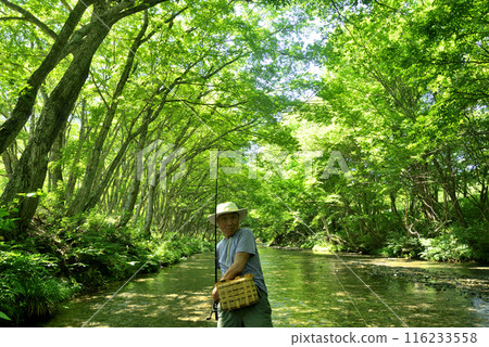 Senior man enjoying mountain stream fishing Senior man enjoying mountain stream fishing 116233558