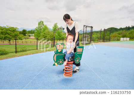 Parent and child playing in the park 116233750