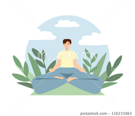 Cute cartoon boy sitting in yoga pose with nature background. Meditating and yoga. International yoga day. Male character doing yoga. Vector illustration 116233863