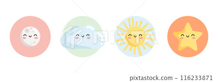 Cute cartoon smiling sky characters in circles. Childish style sky icons. Star, moon, sun and cloud icons. Vector illustration 116233871