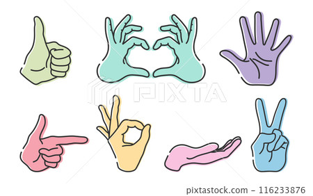 Hands with gestures OK, peace sign, thumb up, pointing index finger, showing heart, cupped hand, open palm. Line icons set isolated on white background Hands with gestures OK, peace sign, thumb up, pointing index finger, showing heart, cupped hand, open palm. Line icons set isolated on white background 116233876
