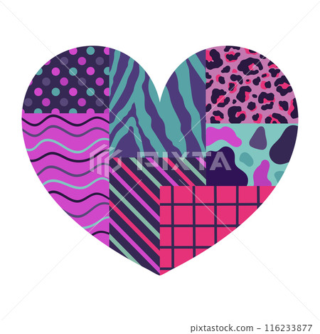 Heart made of different patterns in bright neon colors. Heart made of patches with various ornament leopard and zebra print, dots, wavy lines. Vector illustration Heart made of different patterns in bright neon colors. Heart made of patches with various ornament leopard and zebra print, dots, wavy lines. Vector illustration 116233877