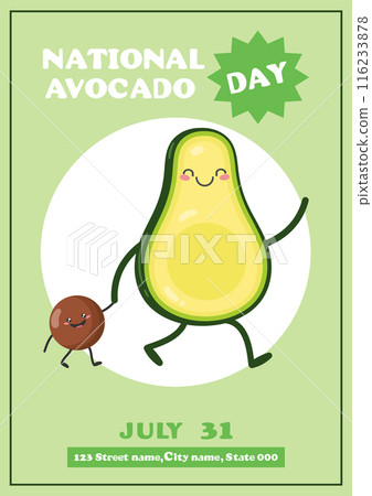 National Avocado Day. July 31. Avocado annual holiday greeting card. Avocado character with baby seed. Vector illustration National Avocado Day. July 31. Avocado annual holiday greeting card. Avocado character with baby seed. Vector illustration 116233878