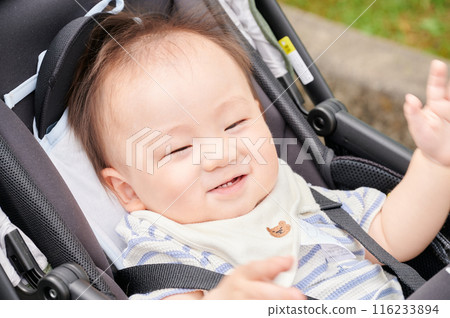 10-month-old baby boy in a stroller 10-month-old baby boy in a stroller 116233894