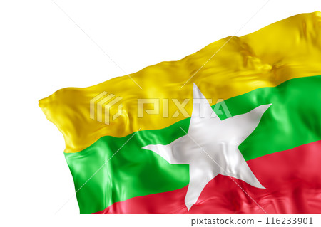 Realistic flag of Myanmar with folds, isolated on white background. Footer, corner design element. Cut out. Perfect for patriotic themes or national event promotions. Empty, copy space. 3D render. 116233901