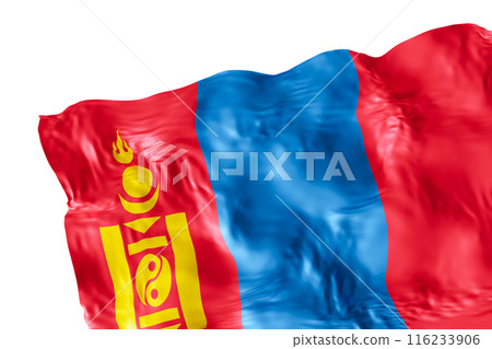 Realistic flag of Mongolia with folds, isolated on white background. Footer, corner design element. Cut out. Perfect for patriotic themes or national event promotions. Empty, copy space. 3D render. 116233906