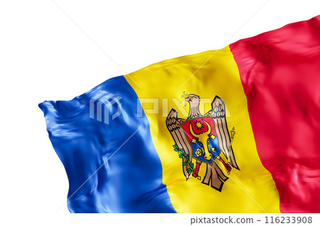 Realistic flag of Moldova with folds, isolated on white background. Footer, corner design element. Cut out. Perfect for patriotic themes or national event promotions. Empty, copy space. 3D render. 116233908