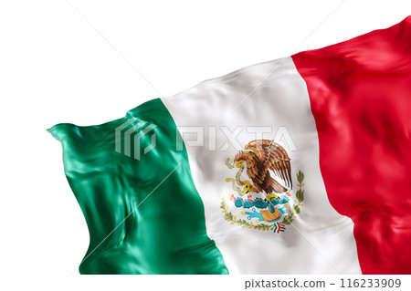 Realistic flag of Mexico with folds, isolated on white background. Footer, corner design element. Cut out. Perfect for patriotic themes or national event promotions. Empty, copy space. 3D render. 116233909