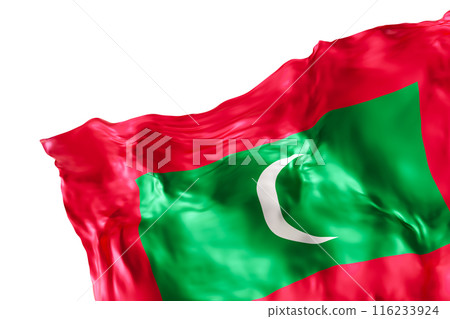 Realistic flag of Maldives with folds, isolated on white background. Footer, corner design element. Cut out. Perfect for patriotic themes or national event promotions. Empty, copy space. 3D render. 116233924
