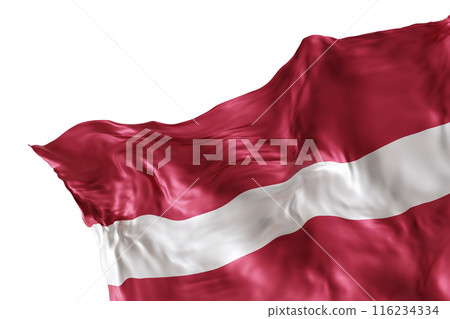Realistic flag of Latvia with folds, isolated on white background. Footer, corner design element. Cut out. Perfect for patriotic themes or national event promotions. Empty, copy space. 3D render. 116234334