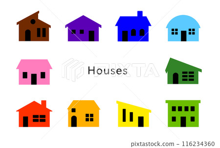 Houses: Colorful houses with black doors and windows Houses: Colorful houses with black doors and windows 116234360