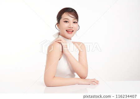 Beautiful young asian woman with clean fresh skin on white background, Face care, Facial treatment, Cosmetology, beauty and spa, Asian women portrait. 116234407