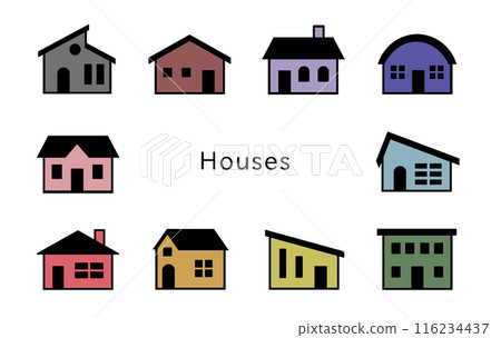 帶有黑色屋頂和黑色門窗的顏色不佳的房子 116234437