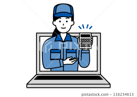 A woman in overalls getting a quote online 116234613