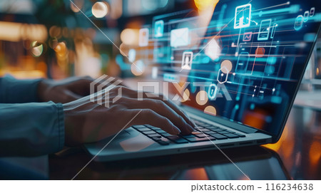 Man Typing on Laptop With Digital Data 116234638