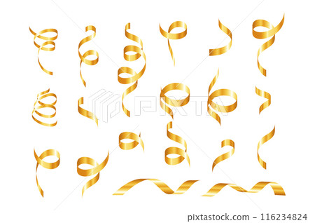 Gold confetti. Serpentine spiral ribbons. Golden luxury party decor. 116234824