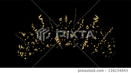 Golden serpentine ribbons frame. Confetti round banner. Luxury decoration Golden serpentine ribbons frame. Confetti round banner. Luxury decoration 116234843