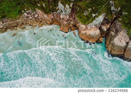 Coastline with rocks and ocean with waves in Brasil. Top down drone view Coastline with rocks and ocean with waves in Brasil. Top down drone view 116234986